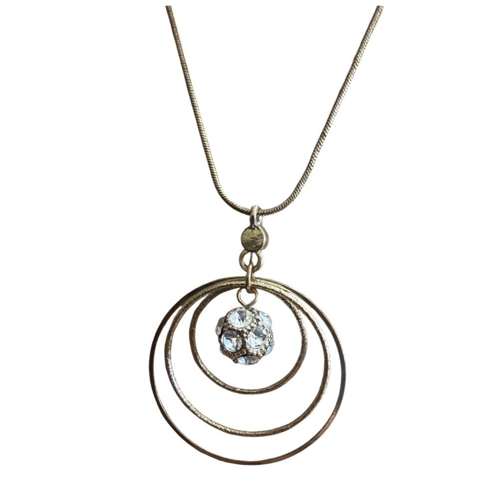 Gold Tone Triple Hoop Crystal Orb Pendant Snake Chain Necklace Geometric